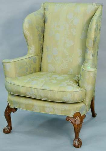 Chippendale style upholstered wing chairs. ht. 44 in.,