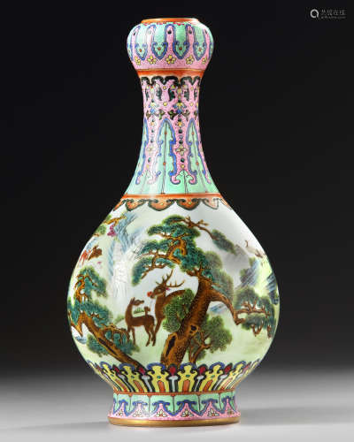 A Chinese famille rose 'deer and cranes' garlic-head vase