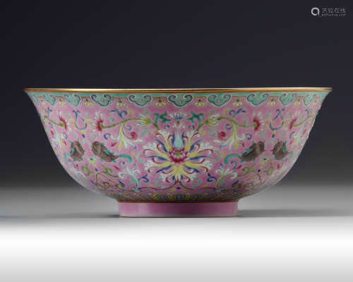 A Chinese pink-ground famille rose bowl
