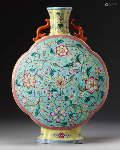A Chinese famille rose lotus moon flask