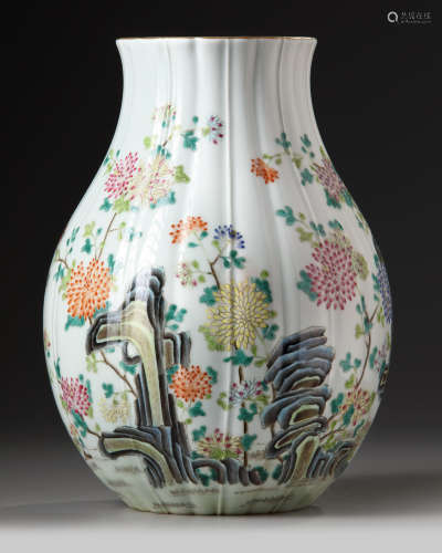 A Chinese famille rose ribbed vase