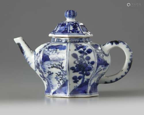 A Chinese blue and white moulded octagonal teapot and cover