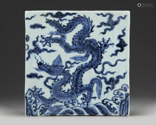 A Chinese blue and white square 'dragon' tile