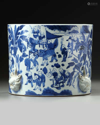 A large Chinese blue and white 'hundred boys' brush pot