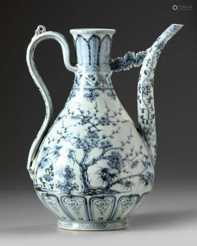 A Chinese  blue and white 'three friends of winter' ewer