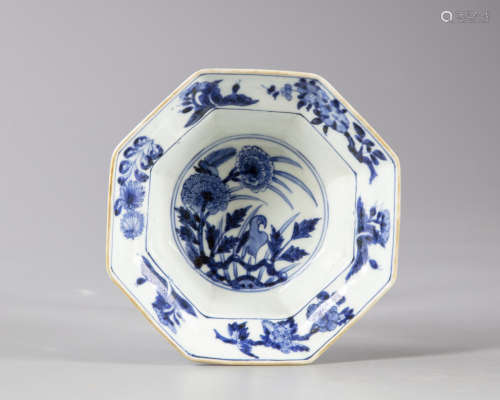 A Japanese blue and white octagonal bowl