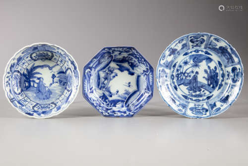 A group of three Japanese blue and white dishes