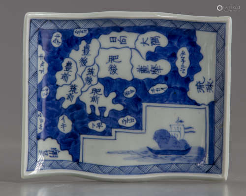 A Japanese blue and white rectangular saucer