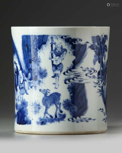 A Chinese blue and white brush pot