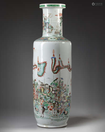 A large Chinese famille verte 'narrative' rouleau vase