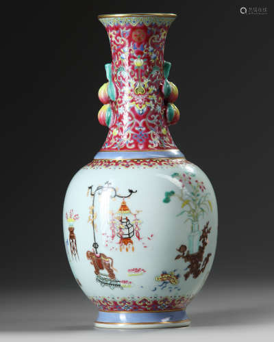 A Chinese famille rose precious objects vase