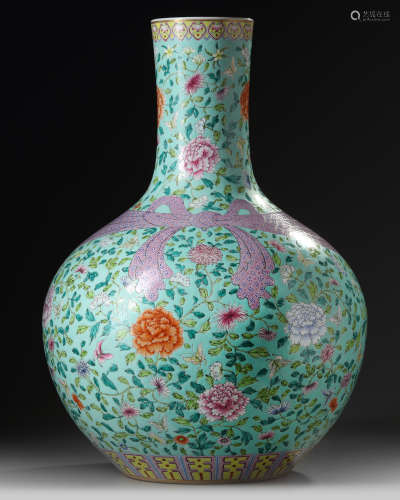 A large Chinese famille rose ribbon bottle vase