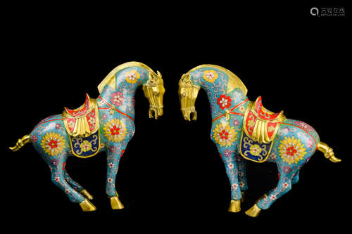 [Chinese] A Pair of Cloisonne Tang Style Horse Ornaments