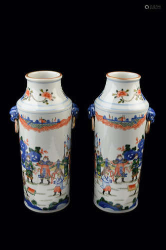 [Chinese] A Pair of Lion Head Handled Penta-Colour (Wu-Cai) Vases with Portrait