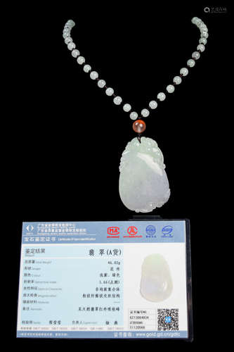 A Light Green with Purple Jadeite Pendant with Jadeite Bead Necklace