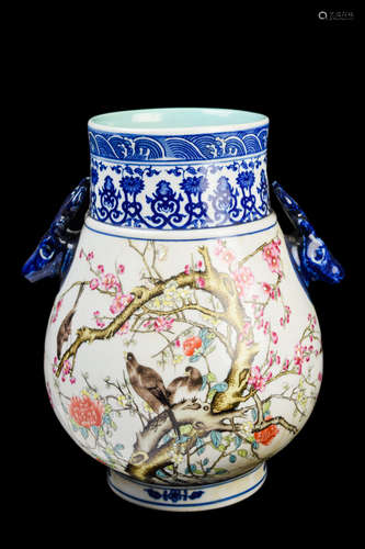 [Chinese] A Famille Rose Magpie and Plum Blossom Pattern Porcelain Vessel