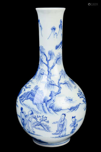 [Chinese] A Blue and White Landscape and People Portrait Porcelain Vase