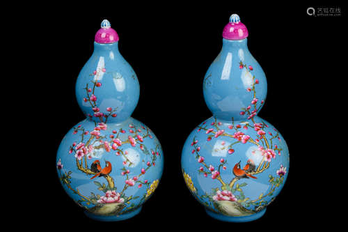 [Chinese] A Pair of Famille Rose Porcelain Light Blue Ground Calabash Bottles