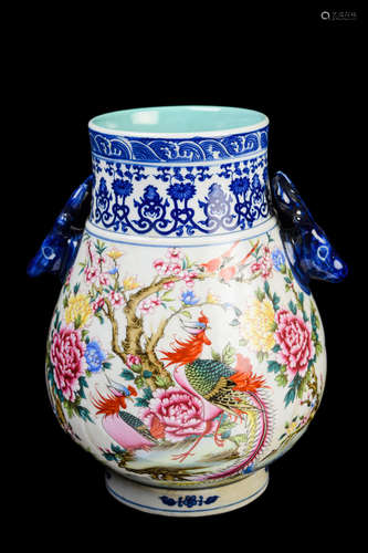 [Chinese] A Famille Rose Phoenix and Peony Patter Porcelain Vessel with Deer Head Handles