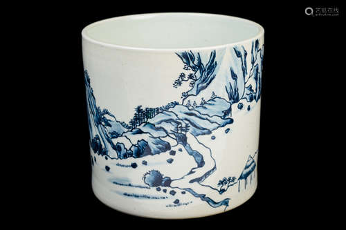 [Chinese] A Blue and White Porcelain Large Paint Brush Pot with Landscape Pattern