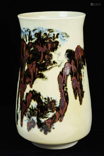 [Korean] A Blue, Red and White Flambe Porcelain Vase with Landscape Pattern, by Jisyan