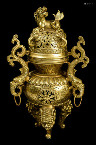 [Chinese] A Brass Lion Lid Tripod Shape Incense Burner with Chiwen Handles