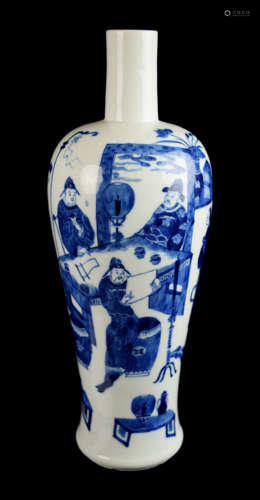 A Chinese Blue and White Porcelain Long Neck Vase with People Portrait, marked as 