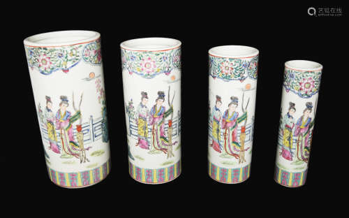A Chinese Famille Rose Porcelain Set Brush Pots with Lady Portrait (4 pcs), marked as 