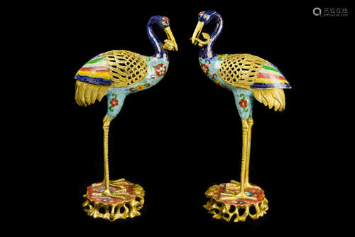 [Chinese] A Pair of Cloisonne Crane Shape Incense Burners