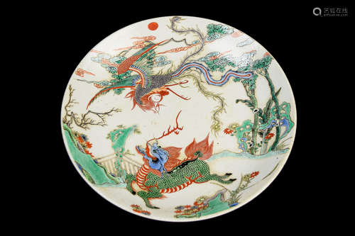 [Chinese] A Kangxi Era Marked Penta-Colour (Wucai) Porcelain Plate with Phoenix and Kirin