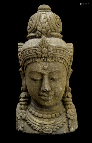 A Fine Sandstone Carved Bust of Bodhisattva