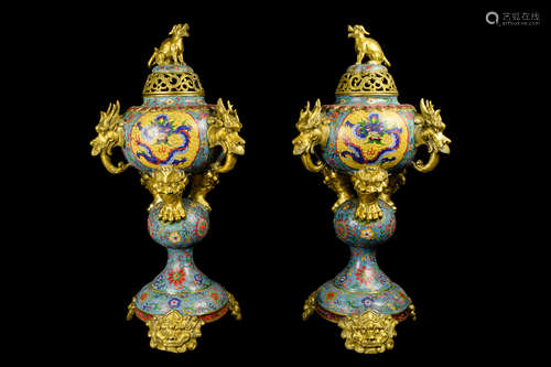 [Chinese] A Pair of Cloisonne Trophy Style Incense Burner with Dragon Head Handles and Beast Face Legs