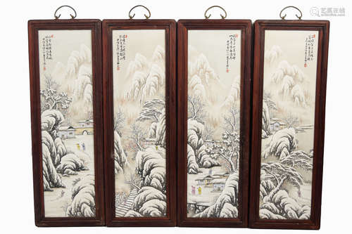 [Chinese] A Set of Four Famille Rose Porcelain Plaques of Snow Scenes