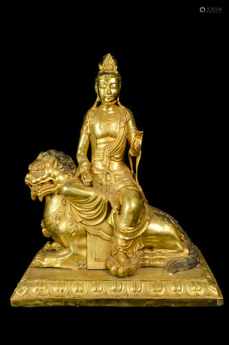 [Chinese] A Gilt Bronze Sculpture of Bodhisattva Manjusri Riding Lion