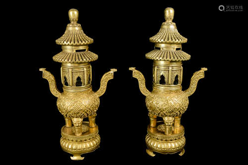 [Chinese] A Pair of Brass Pagoda Shape Tripod Incense Burner with Eight-Treasure Pattern