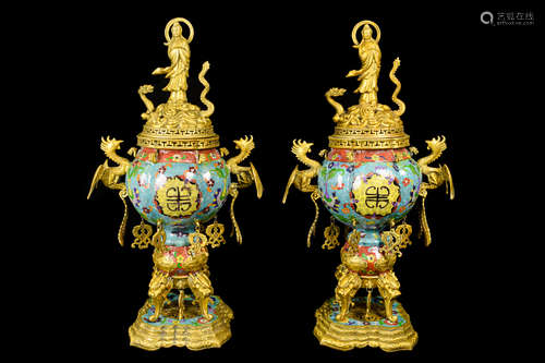 [Chinese] A Pair of Cloisonne Trophy Style Incense Burners with Phoenix Handles and Guanyin Knob