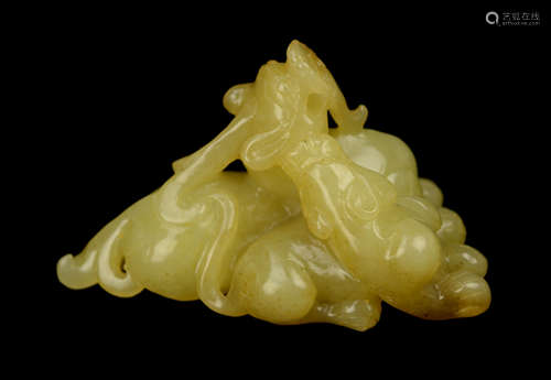 [Chinese] An Old Greenish White Jade Pixiu Mother and Son Ornament