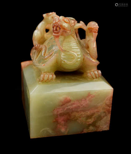 An Old Xiuyan Jade Seal with Xuanwu and Dragon