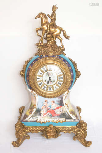 A 84cm Large Continental Porcelain Clock Mounted with a Gilt Bronze King on Horse Sculpture on Top