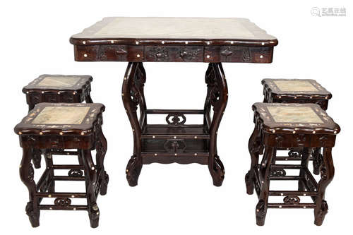 [Chinese] A Set of Old Hardwood (Suanzhi) Square Table and Four Stools with Marble and Shell Inlaid