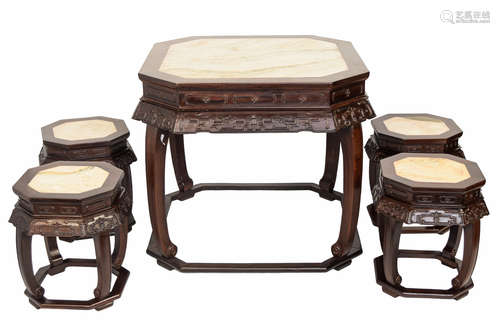 [Chinese] A Set of Old Hardwood (Suanzhi) Octagon Square Table and Stools with Marble Inlaid