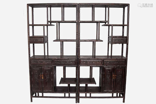 [Chinese] A Pair of Old Hardwood (Suanzhi) Bamboo Style Display Cabinet with Flower Patterns