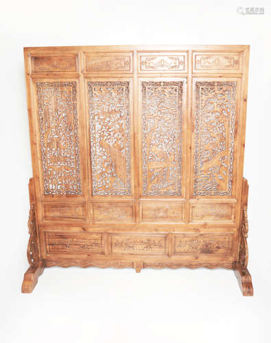 A Chinese Fragrant Camphor Wood Standing Screen with Hollow Out Carved Birds and Flowers of Four Seasons