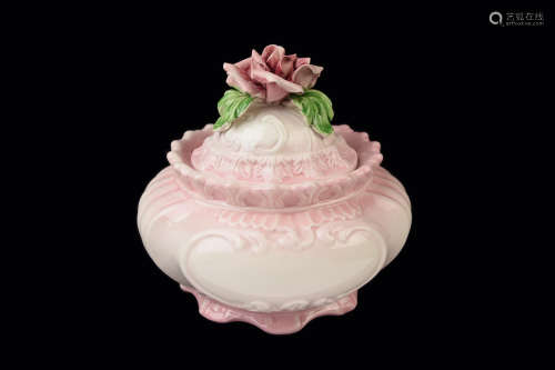 [Italian] Capodimonte Pink Rose Lidded Porcelain Vessel