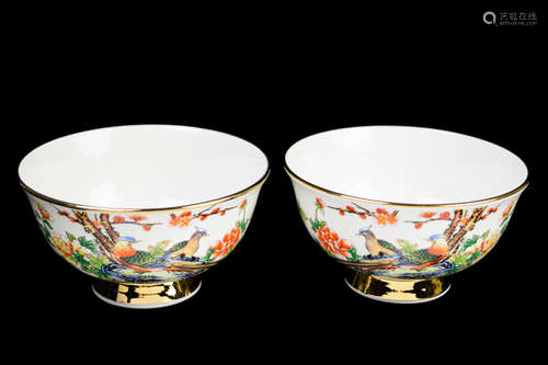 [Chinese] A Pair of Famille Rose Pheasants and Peony Pattern Porcelain Bowls