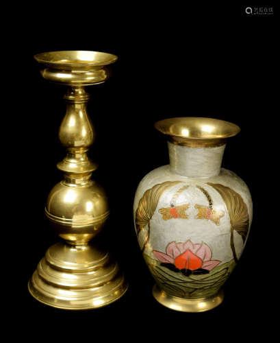 [Indian] A Set of Brass Vase with Enamel Coating and a Brass Candlestick