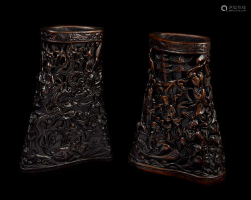 [Chinese] A Pair of Horn Carved Paint Brush Holder with Heaven Palace Patterns