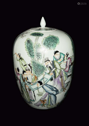 A Republic Era Chinese Famille Rose Porcelain Jar with Story Portrait