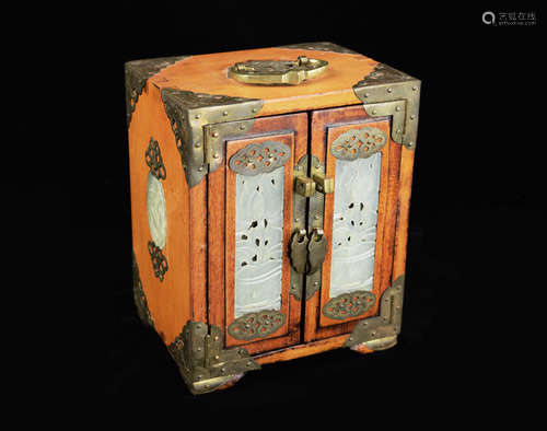 An Old Boxwood Jewelry Chest Inlaid with Jade and Mounted with Bronze Filigree