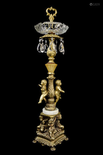 A Crystal Ash Tray with Gilt Bronze Cherub Tall Stand